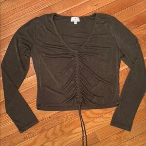 Socialite Army Green Ruched Tie Front Long Sleeve Blouse